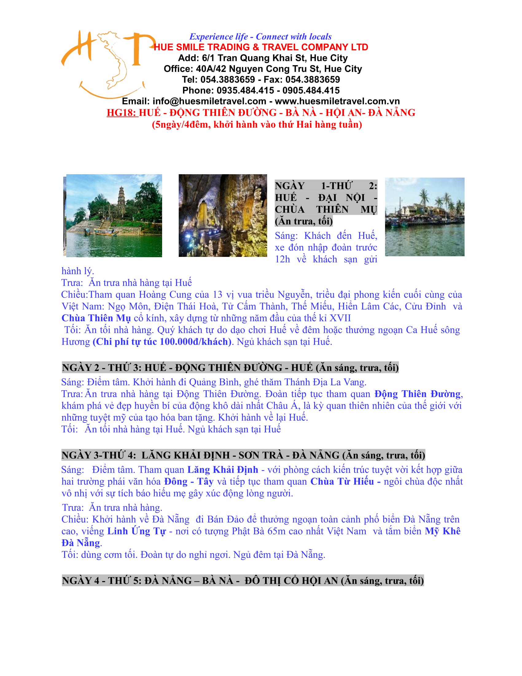 Tour Huế - Động Thiên Đường - Bà Nà - Hội An - Đà Nẵng